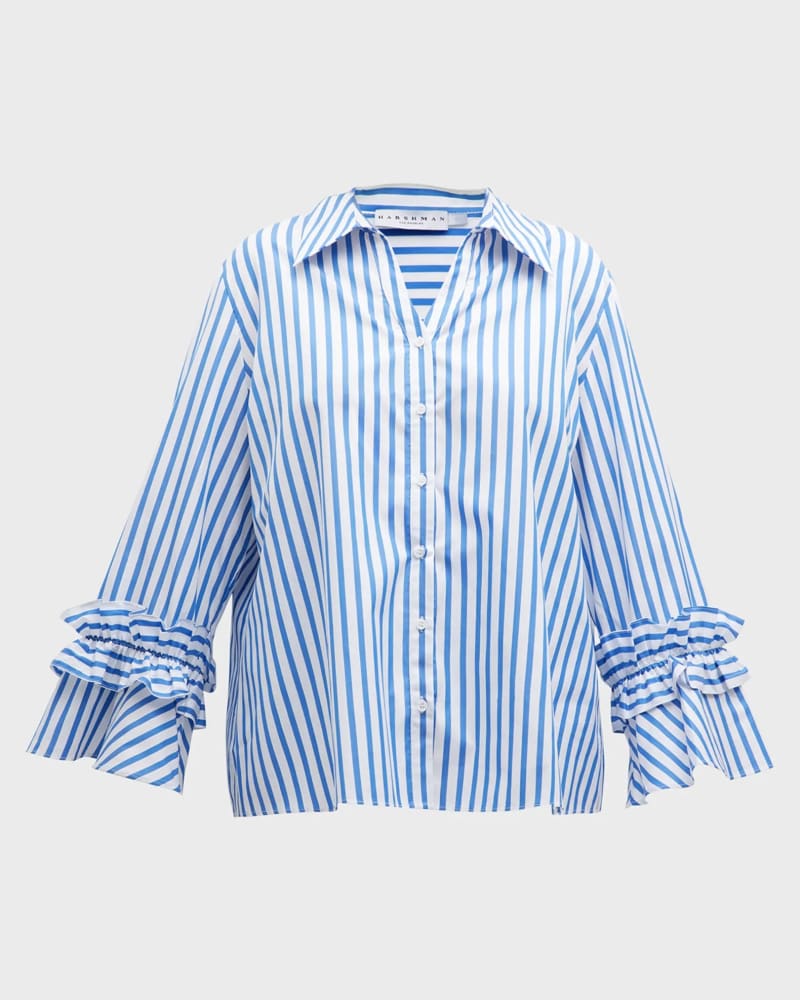 Front of a size 1X Selina Shirt in Indigo Stripes by HARSHMAN. | dia_product_style_image_id:300159